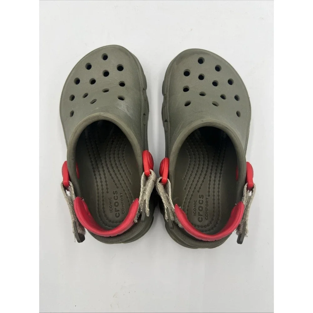 Crocs Kids Clogs Shoes Size C 10 Navy Greenish-Gray W/ Red Adjustable Back Strap